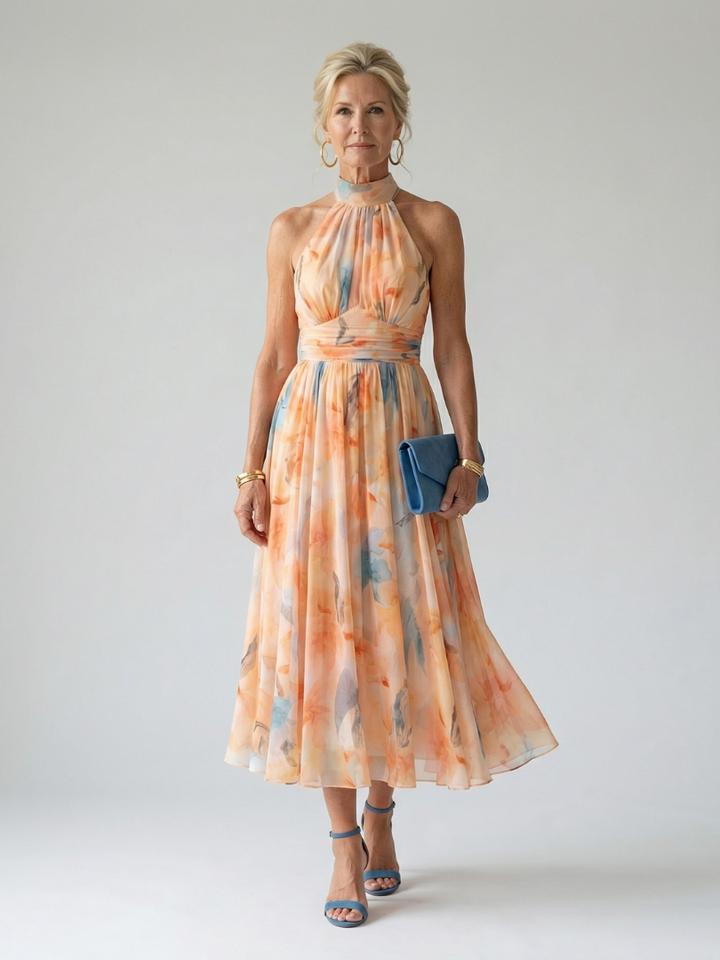 Modella che indossa un abito midi halter multicolore, vista frontale, tessuto leggero e fluido.