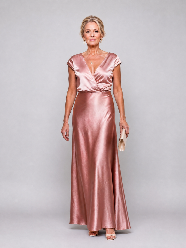 Abito maxi Zara color oro rosa, vista frontale, tessuto fluido e brillante.