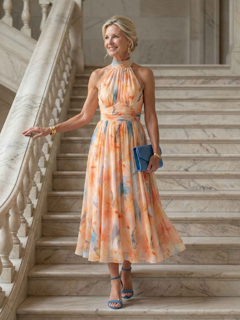 Vista posteriore dell'abito midi halter, con la modella in posa rilassata, mostrando la vestibilità della vita.