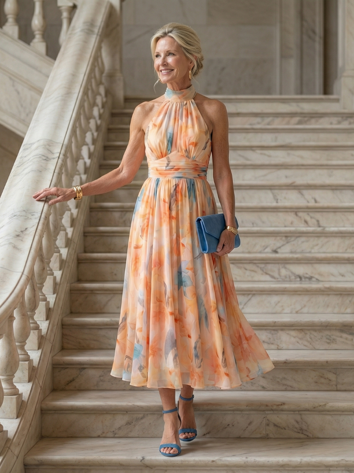 Vista posteriore dell'abito midi halter, con la modella in posa rilassata, mostrando la vestibilità della vita.