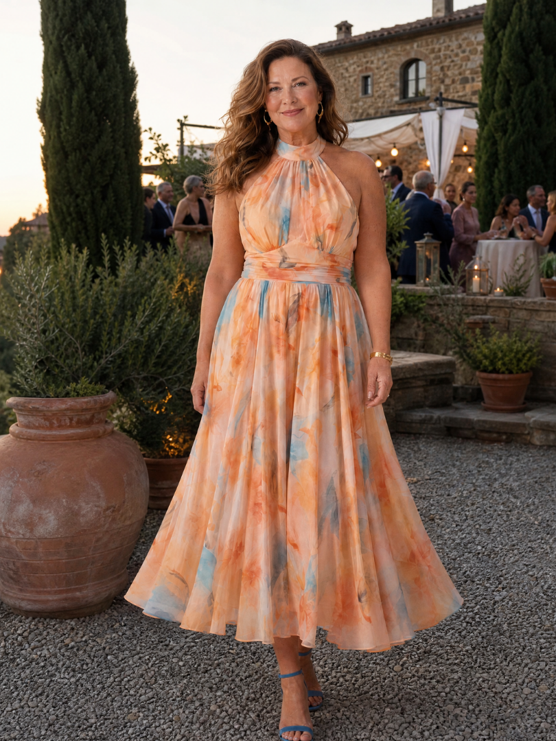 Modella seduta con l'abito midi halter, mostrando il comfort e la versatilità per diverse attività.